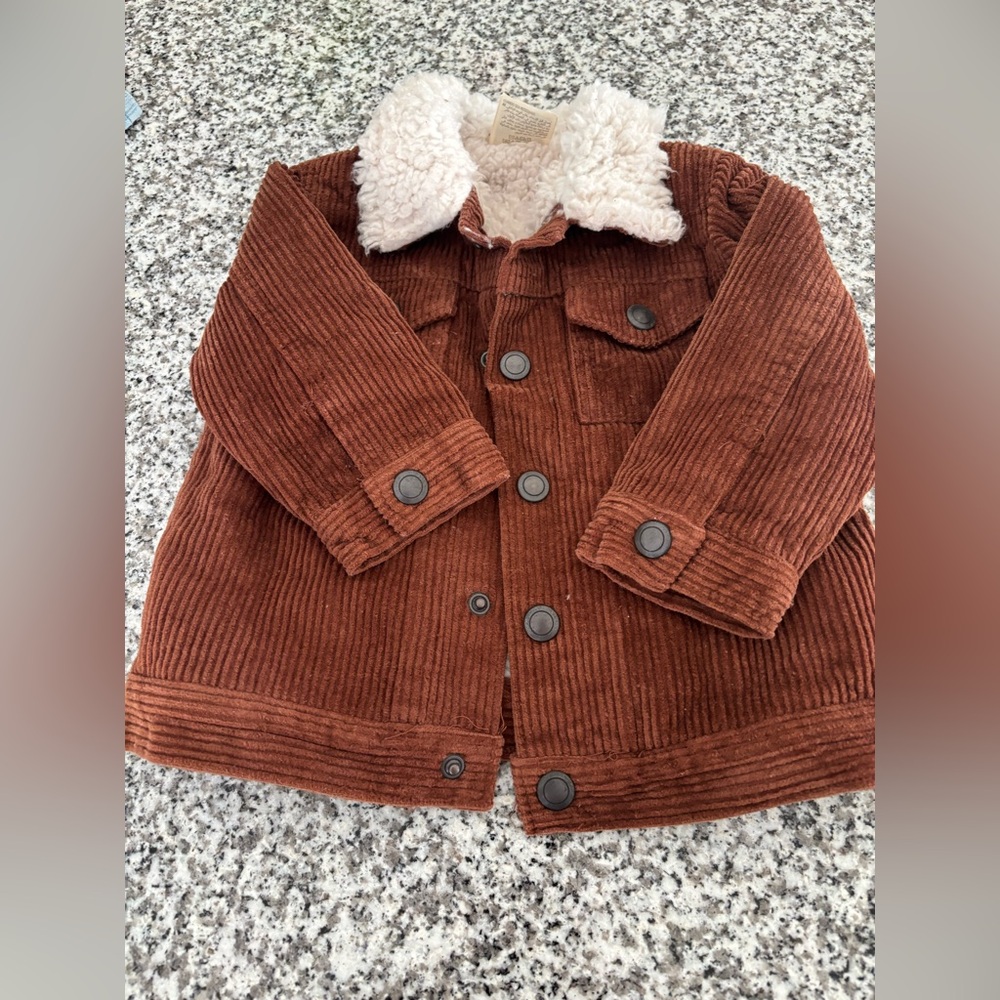 First Impressions Brown Corduroy Pea Coat with Cream Sherpa Collar